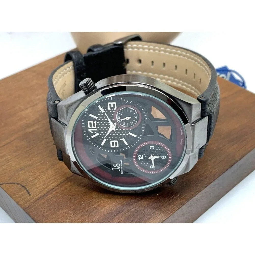 Joshua & Sons Men's Watch JS83 Quartz Dual Time Zone Red Black Dial Leat…